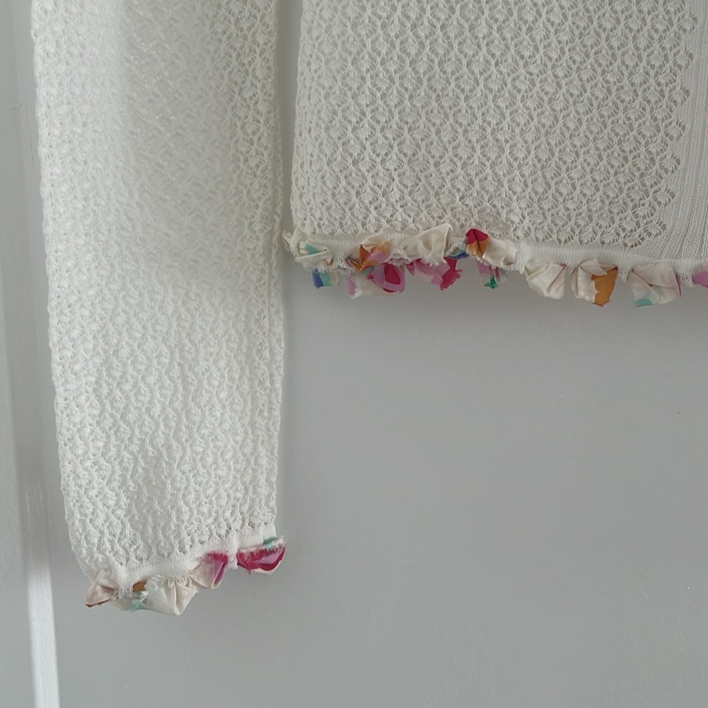 VINTAGE CHANEL 2004 White Cotton Crochet Long Sleeve Top with Silk Accents - Picture 7 of 11